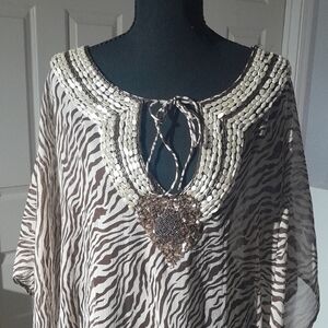 Ashro Brown and Cream Zebra-Print Coverall with Beaded Neckline